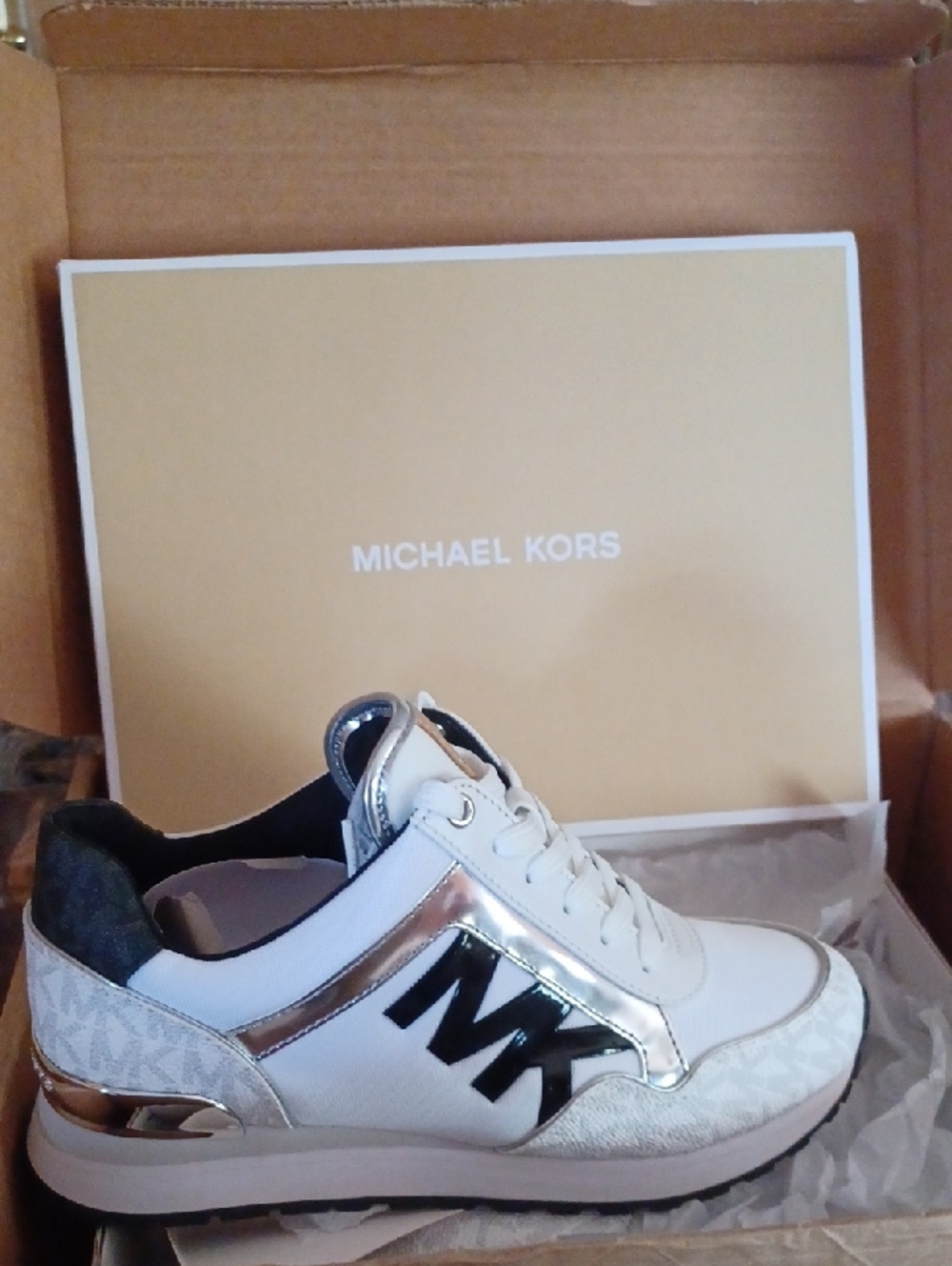 Michael Kors White/ Blk & Metallic MK Logo Sneaker Size 6